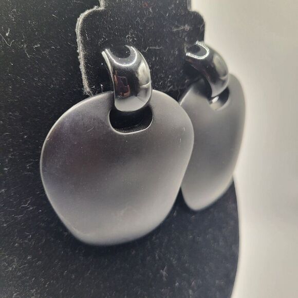 Vintage 80s Shiny Matte Black Post Stud Earrings 2.5in - Picture 1 of 4